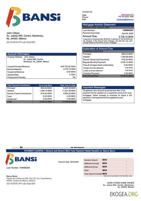 Modèle Word et PDF de relevé hypothécaire de la Banco Bansi au Mexique